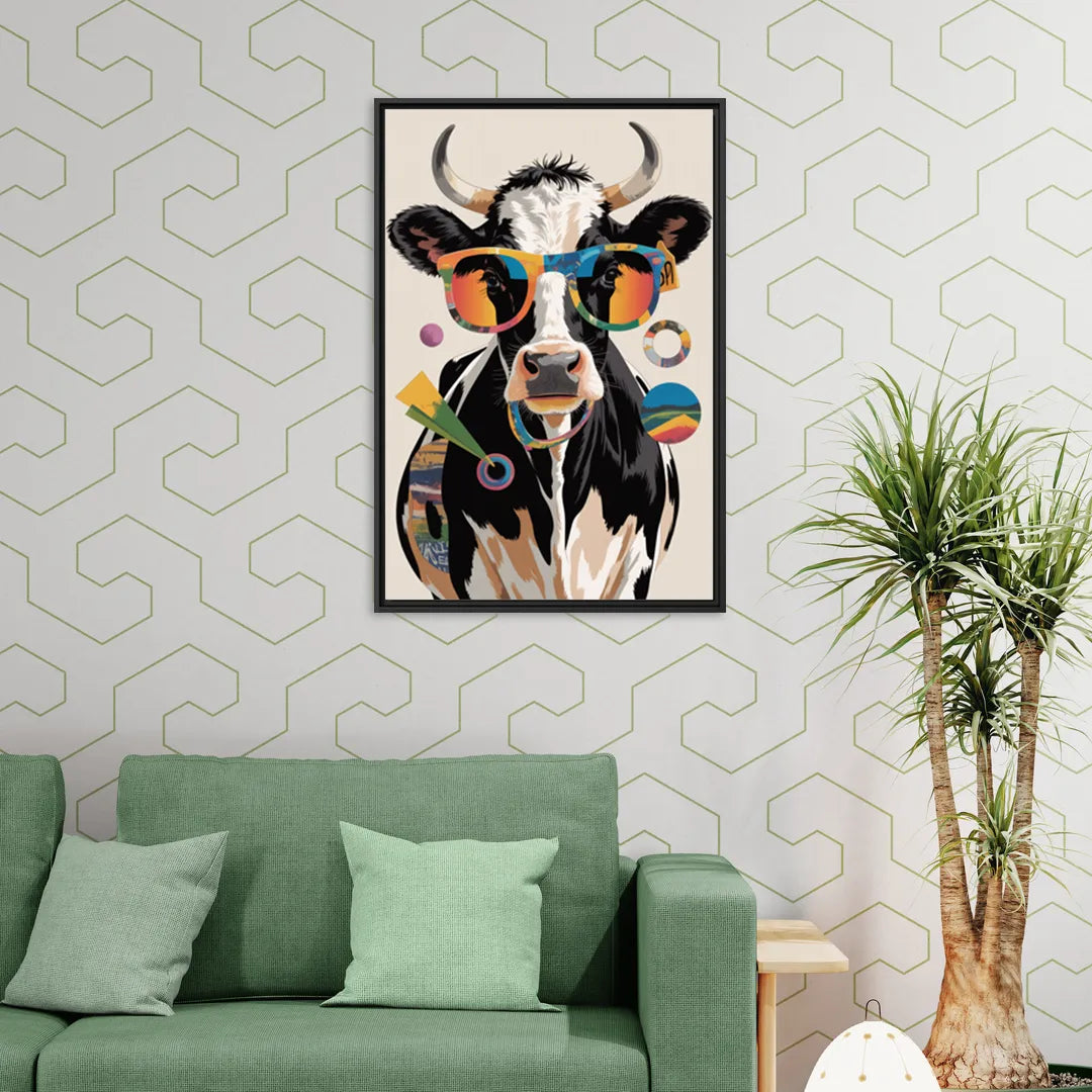 Amusing Cow with Sunglasses - Living Room Black Frame Canvas