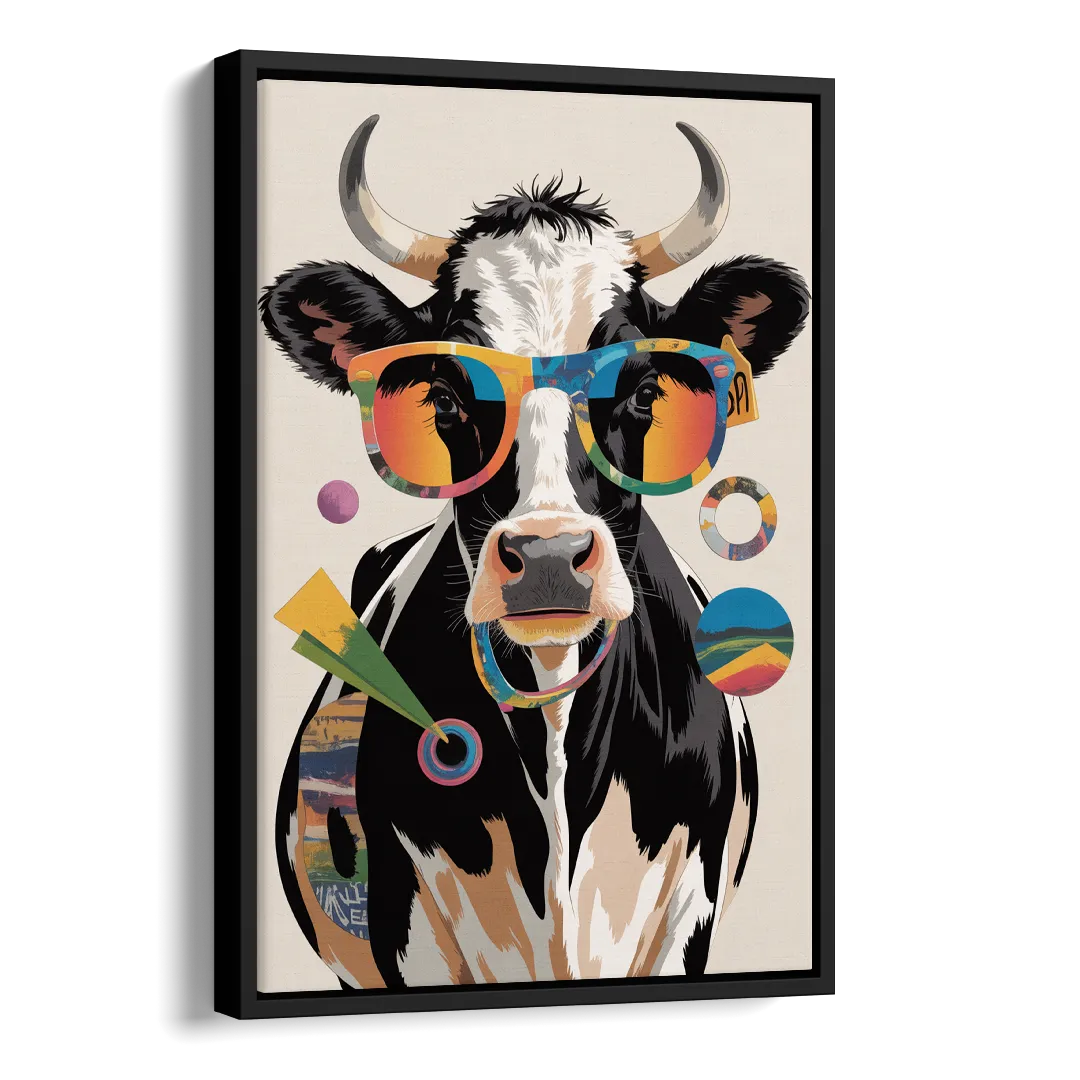 Amusing Cow with Sunglasses Side - Black Canvas Wall Art