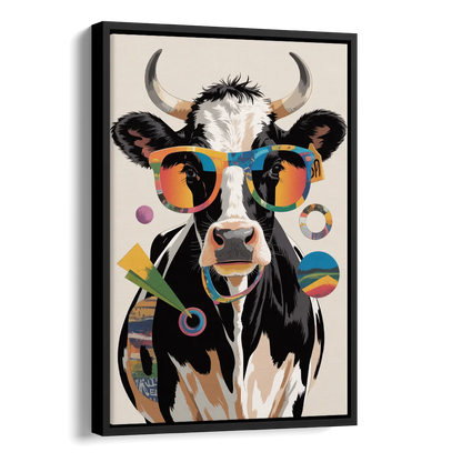 Amusing Cow with Sunglasses Side - Black Canvas Wall Art