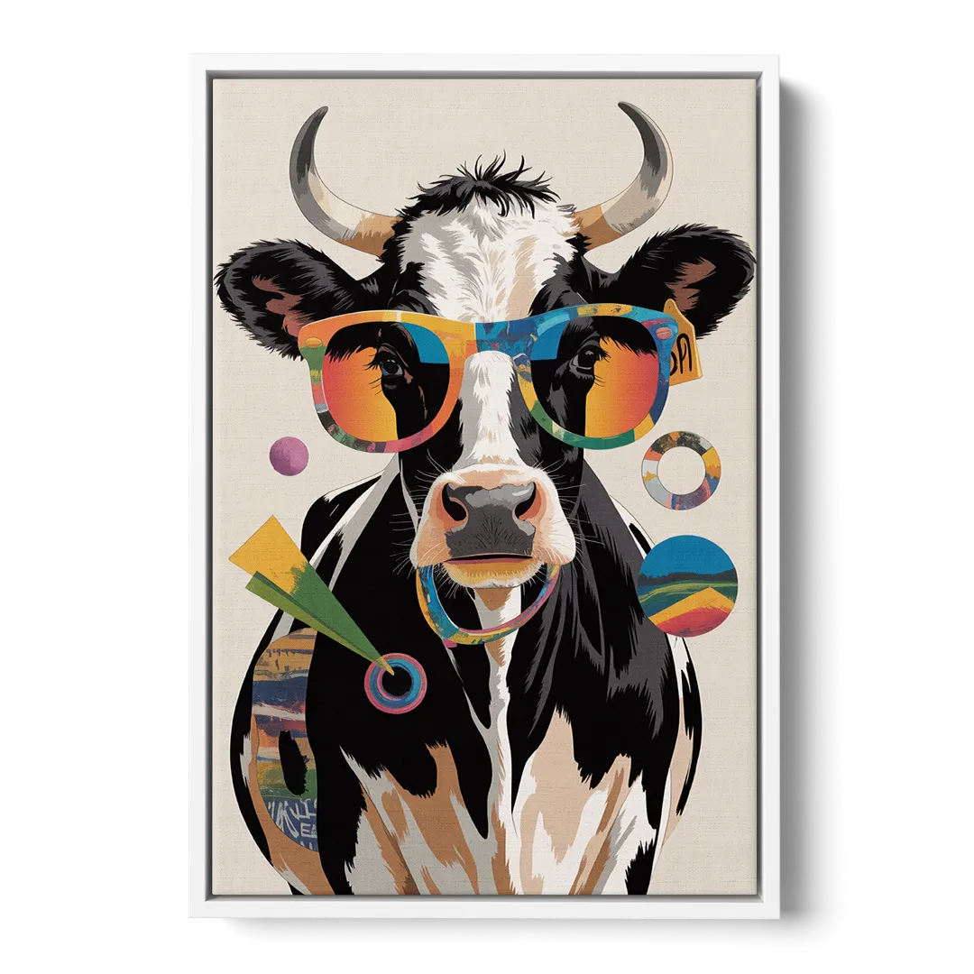 Amusing Cow with Sunglasses - White Frame Canvas