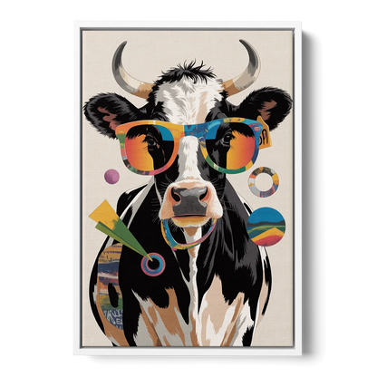 Amusing Cow with Sunglasses - White Frame Canvas