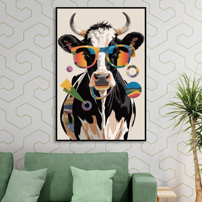 Amusing Cow with Sunglasses Living Room - Black Canvas Wall Art