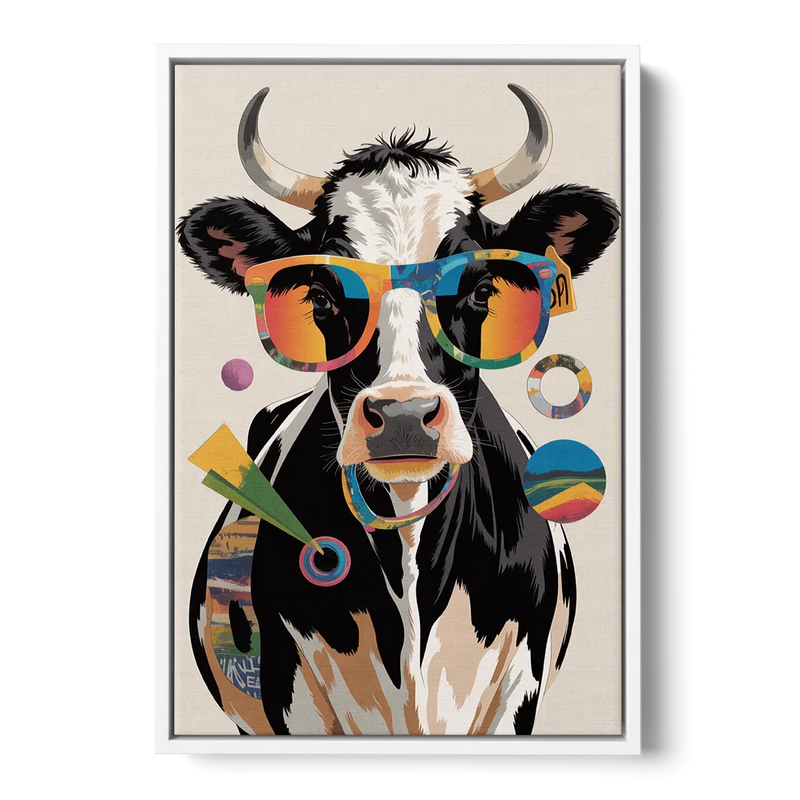 Amusing Cow with Sunglasses Front - White Canvas Wall Art
