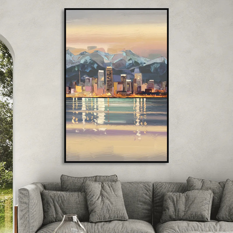 Anchorage Cityscape Reflection Sitting Room - Black Canvas Wall Art