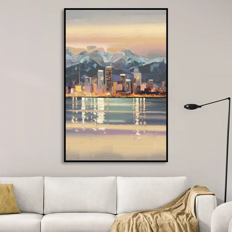 Anchorage Cityscape Reflection Living Room - Black Canvas Wall Art