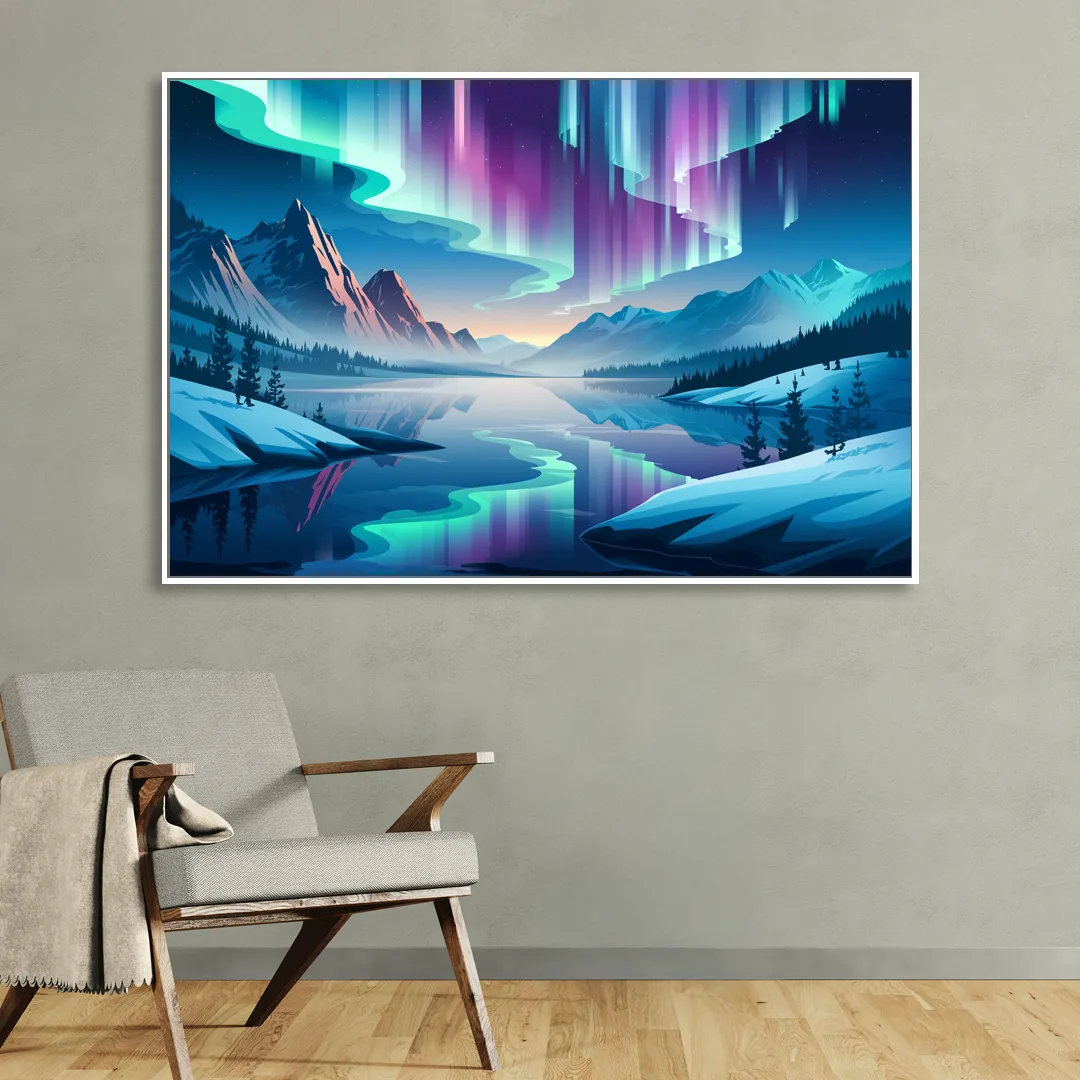 Anchorage Northern Lights Scene Living Room - White Canvas Wall Art
