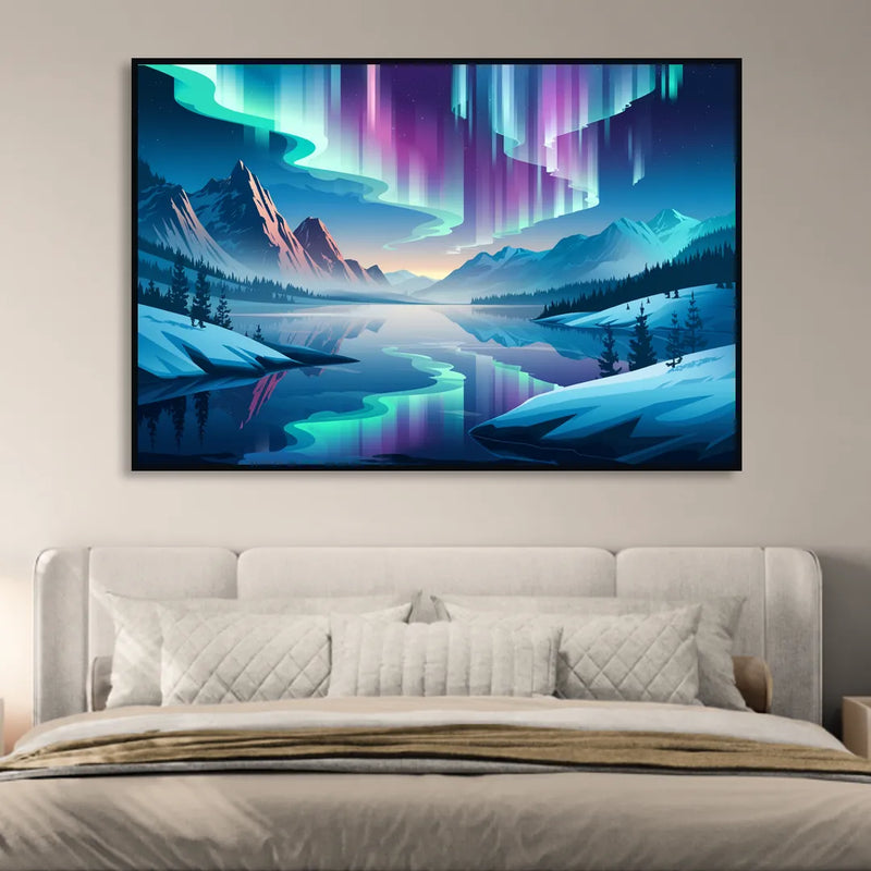 Anchorage Northern Lights Scene Living Room - Black Canvas Wall Art