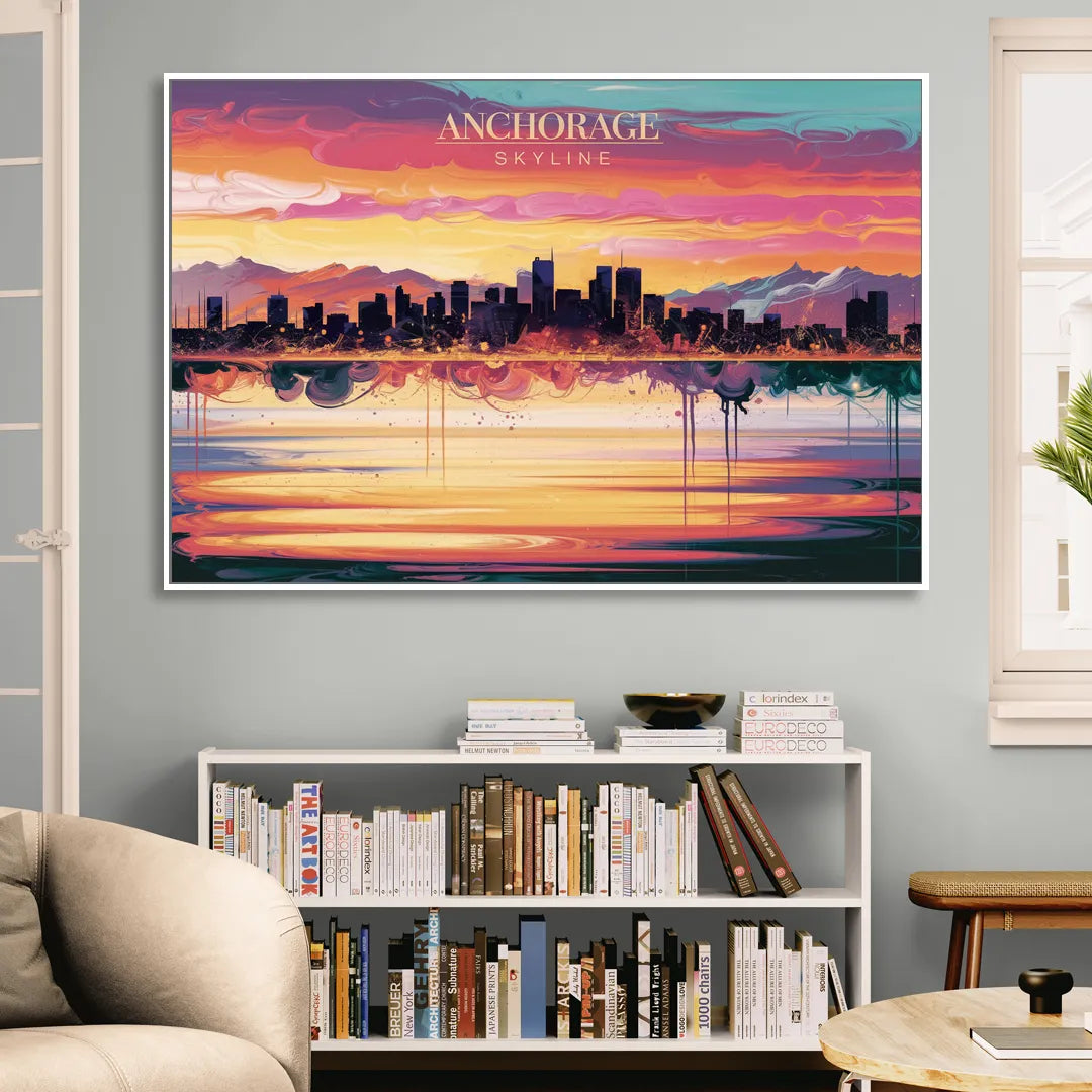 Anchorage Skyline Sunset Living Room - White Canvas Wall Art
