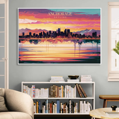 Anchorage Skyline Sunset Living Room - White Canvas Wall Art