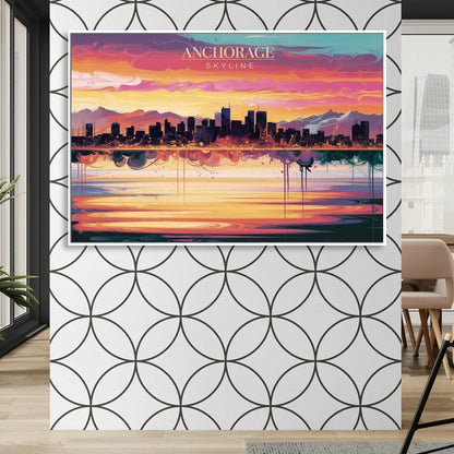 Anchorage Skyline Sunset Sitting Room - White Canvas Wall Art