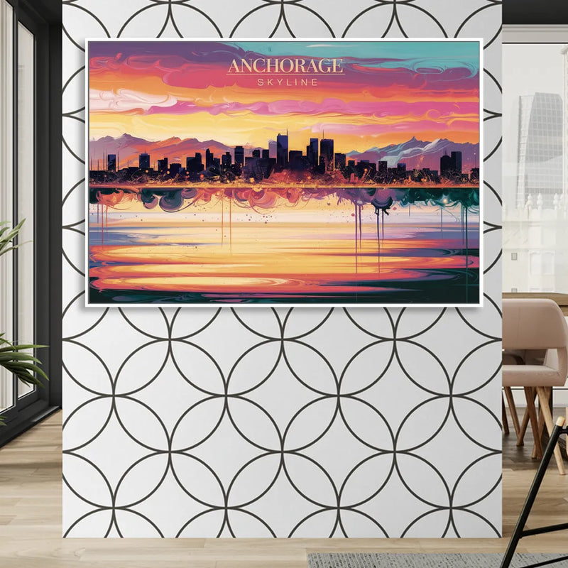 Anchorage Skyline Sunset Sitting Room - White Canvas Wall Art