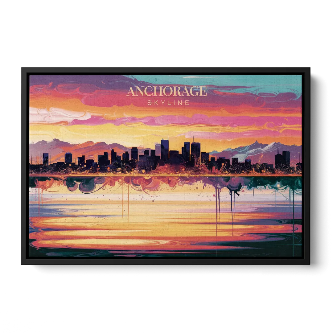 Anchorage Skyline Sunset Front - Black Canvas Wall Art