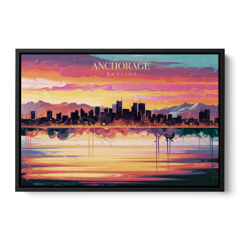 Anchorage Skyline Sunset Front - Black Canvas Wall Art