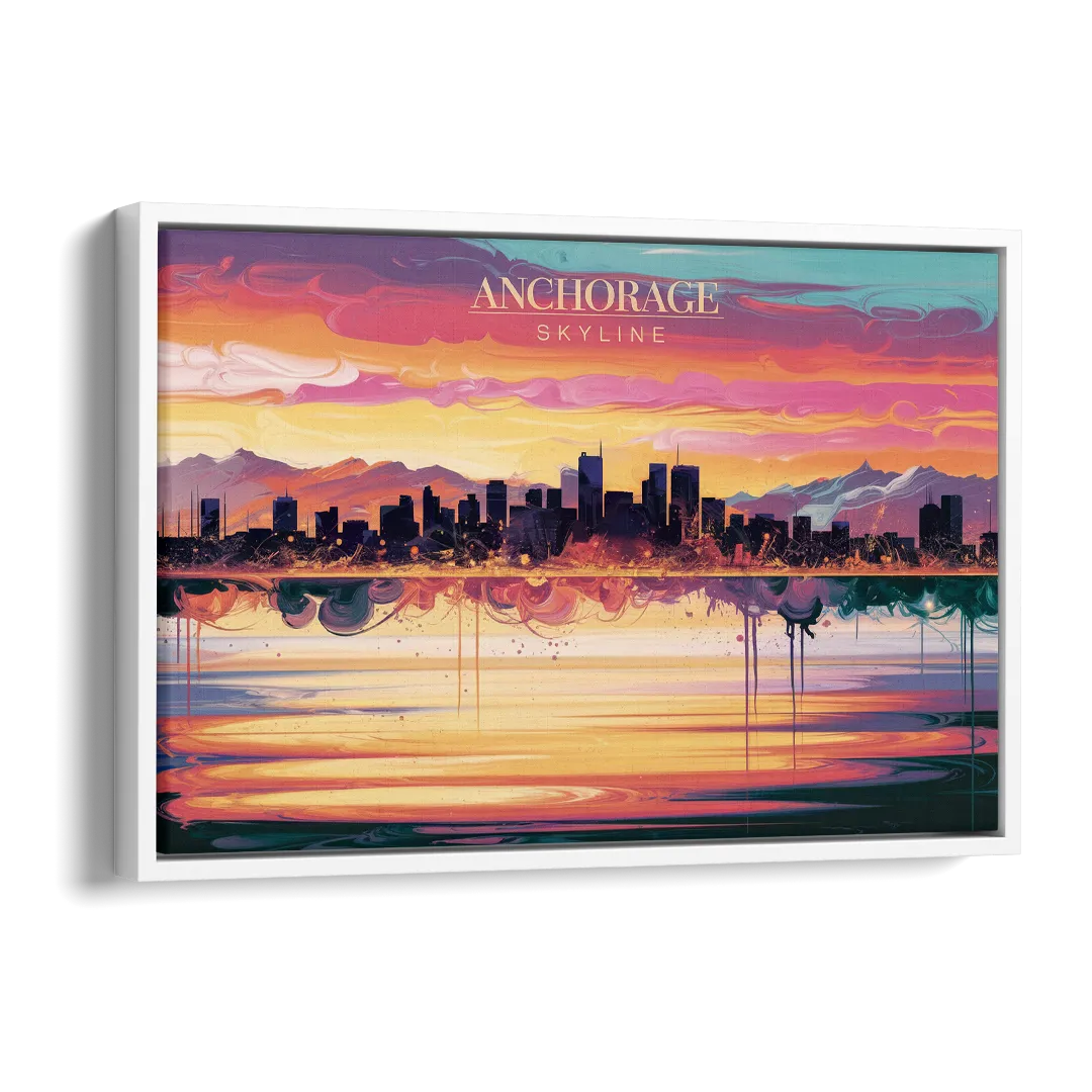 Anchorage Skyline Sunset Side - White Canvas Wall Art