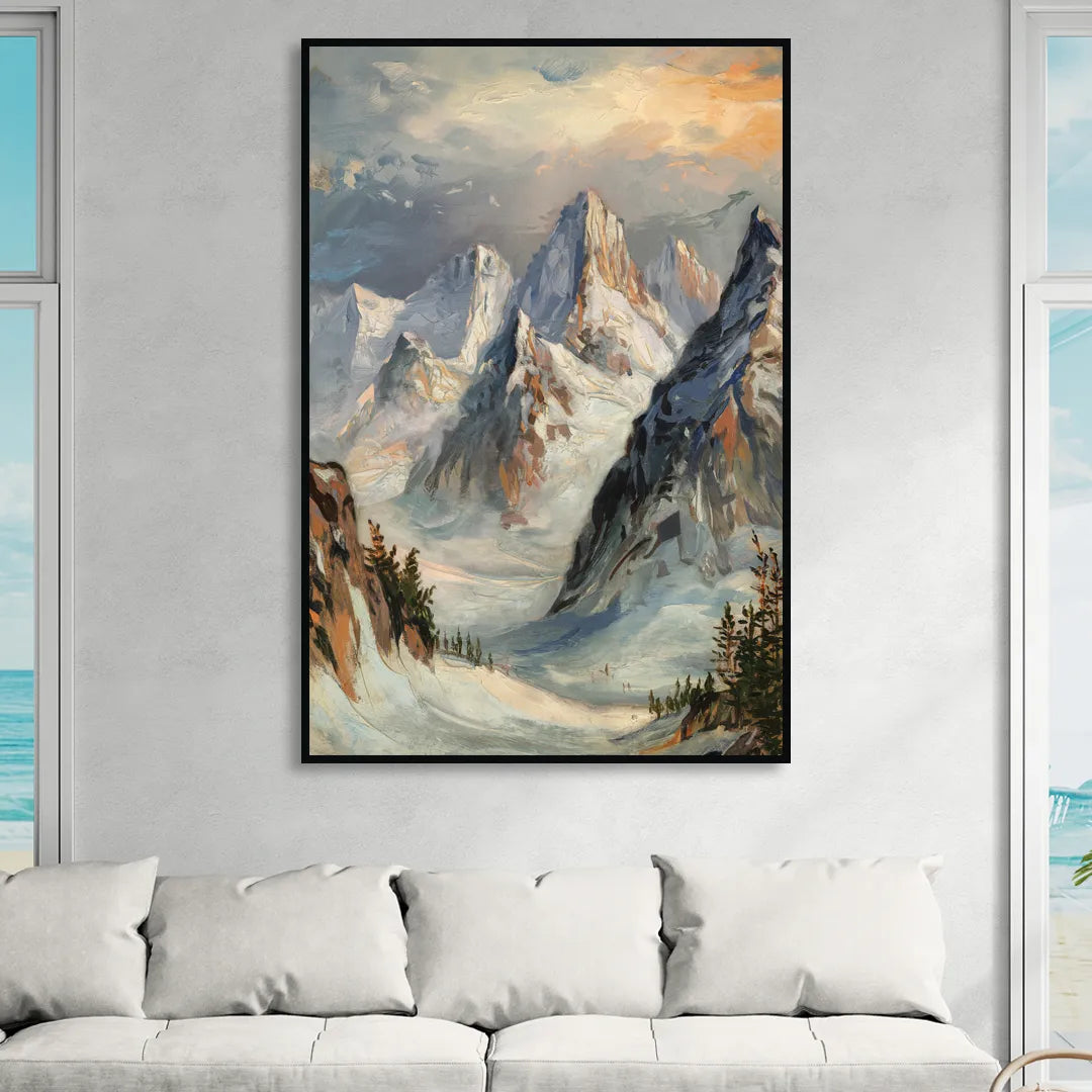 Anchorage Snowy Peaks Living Room - Black Canvas Wall Art