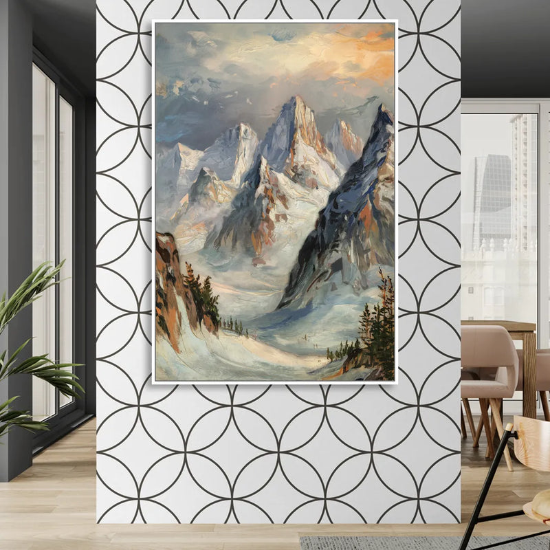 Anchorage Snowy Peaks Living Room - White Canvas Wall Art