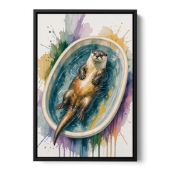 Animals in Bathtub Wall Art with a Floating Otter - Black Framed Canvas Wall Art - Front