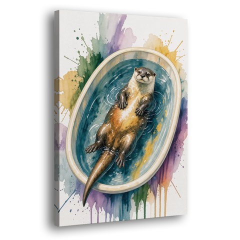 Animals in Bathtub Wall Art with a Floating Otter - Canvas Wall Art - Side