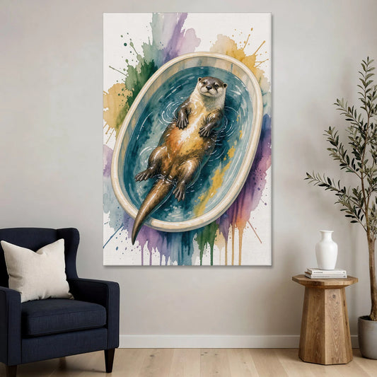 Animals in Bathtub Wall Art with a Floating Otter - Canvas Wall Art - Sofa - 40x60