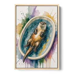 Animals in Bathtub Wall Art with a Floating Otter - Oak Framed Canvas Wall Art - Front
