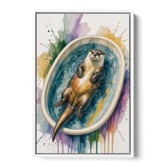 Animals in Bathtub Wall Art with a Floating Otter - White Framed Canvas Wall Art - Front