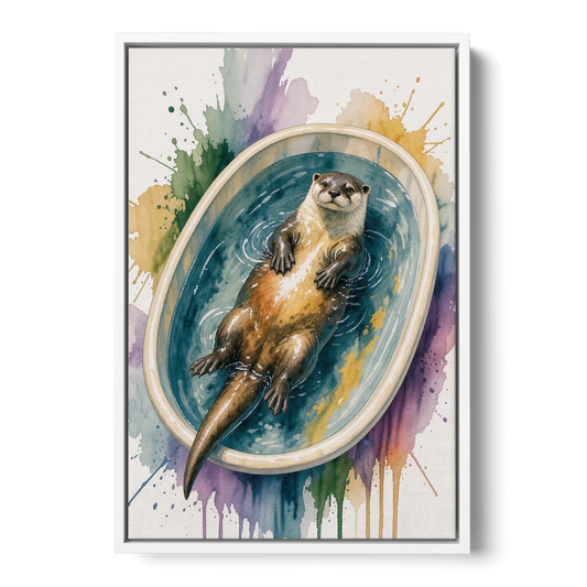 Animals in Bathtub Wall Art with a Floating Otter - White Framed Canvas Wall Art - Front