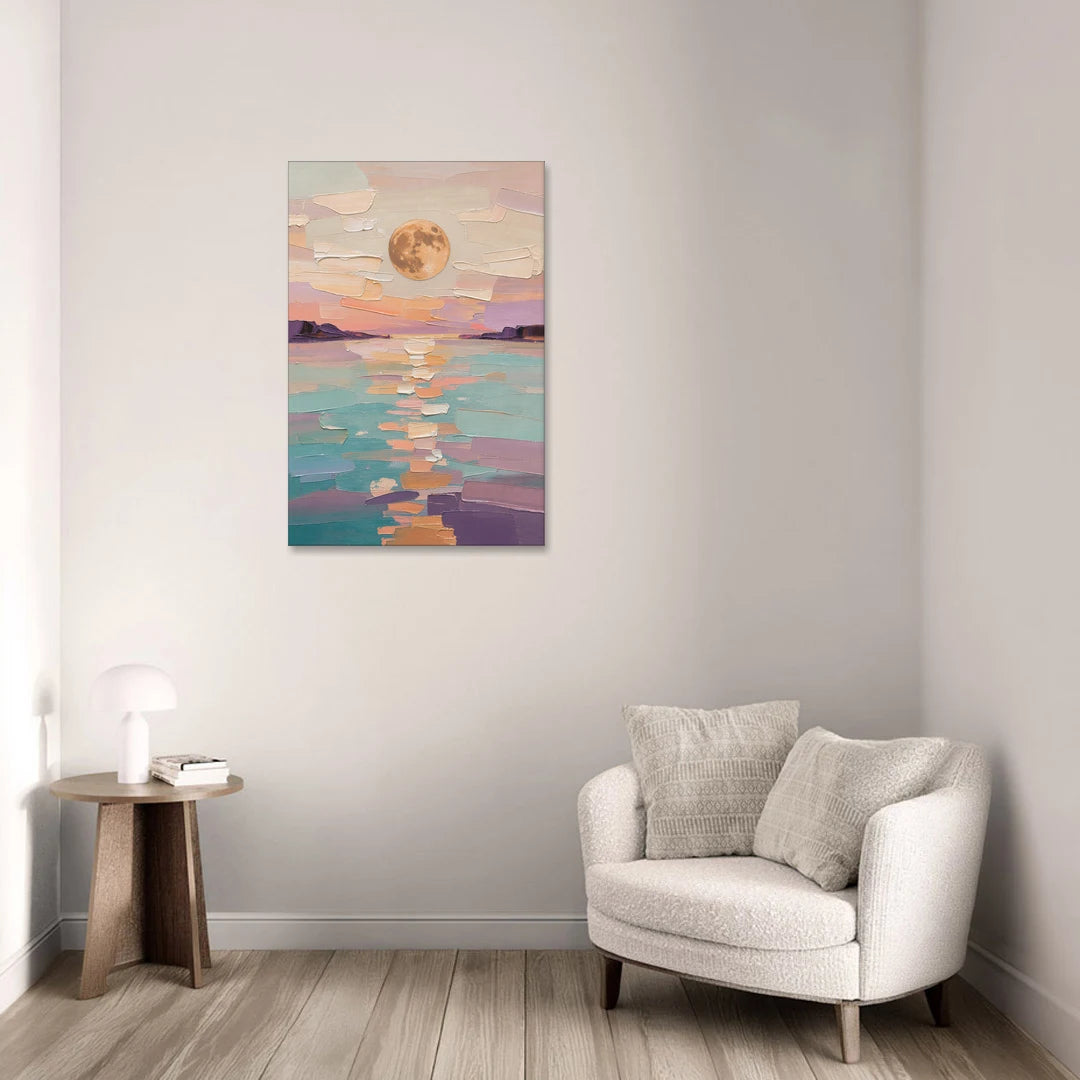 Apricot Moon Over a Teal Lagoon - Canvas Wall Art - Sofa - 24x36