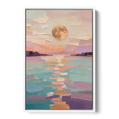 Apricot Moon Over a Teal Lagoon - White Framed Canvas Wall Art - Front