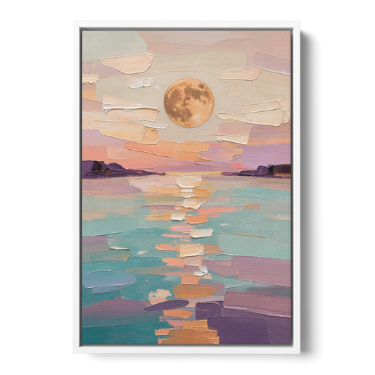 Apricot Moon Over a Teal Lagoon - White Framed Canvas Wall Art - Front