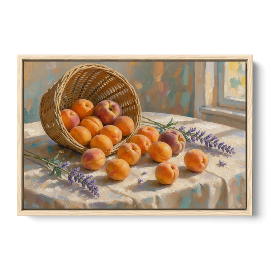 Apricots and Lavender Spilling from Wicker for the Kitchen - Oak Framed Canvas Wall Art - Front