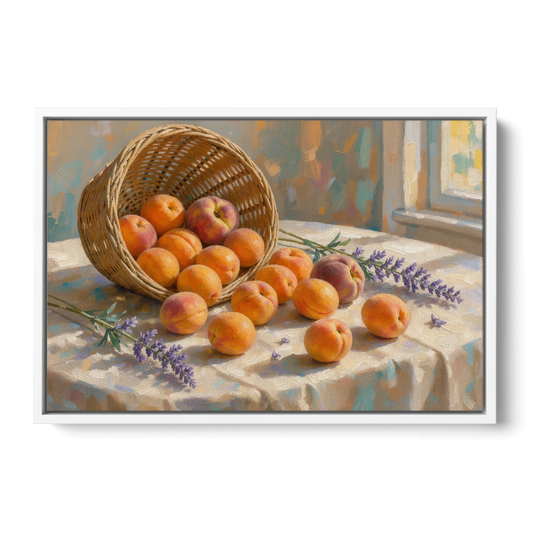 Apricots and Lavender Spilling from Wicker for the Kitchen - White Framed Canvas Wall Art - Front