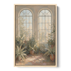 Arched Window Painting with Morning Ferns - Oak Framed Canvas Wall Art - Front