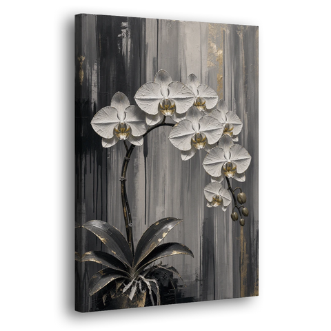 Arching White Orchid Spray with Gold Accents - Canvas Wall Art - Side