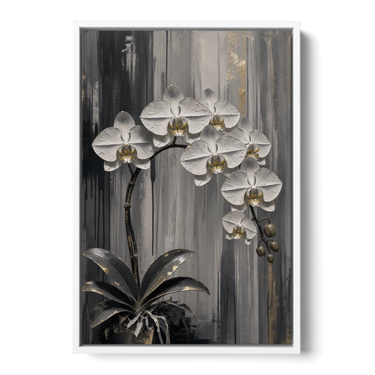 Arching White Orchid Spray with Gold Accents - White Framed Canvas Wall Art - Front