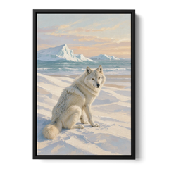 Impressionist Arctic Wolf Glancing Back at Icebergs - Black Framed Canvas Wall Art - Front