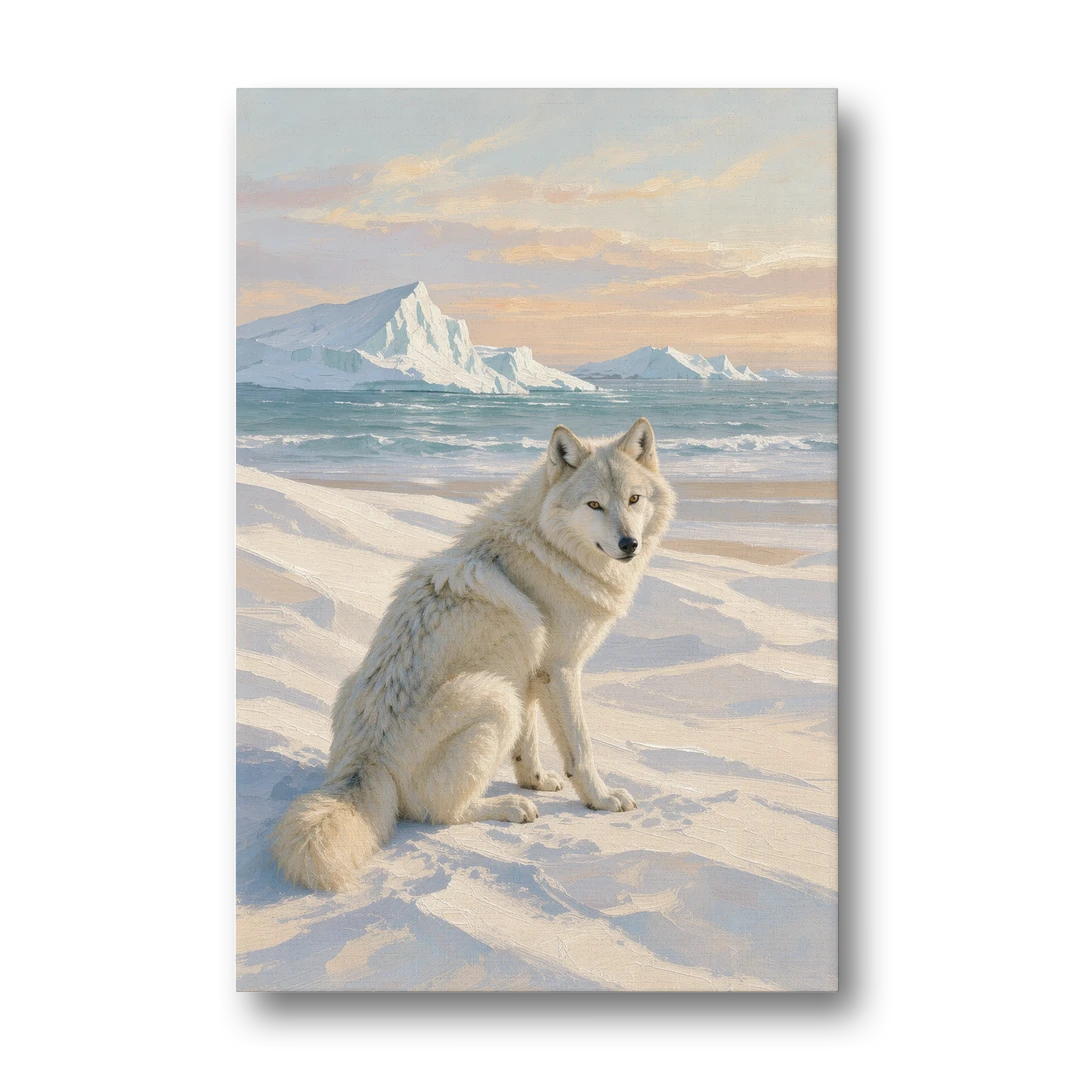 Arctic Wolf Glancing Back at Icebergs - Canvas Wall Art - Front