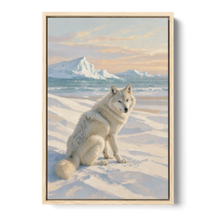 Impressionist Arctic Wolf Glancing Back at Icebergs - Oak Framed Canvas Wall Art - Front