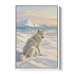 Impressionist Arctic Wolf Glancing Back at Icebergs - White Framed Canvas Wall Art - Front