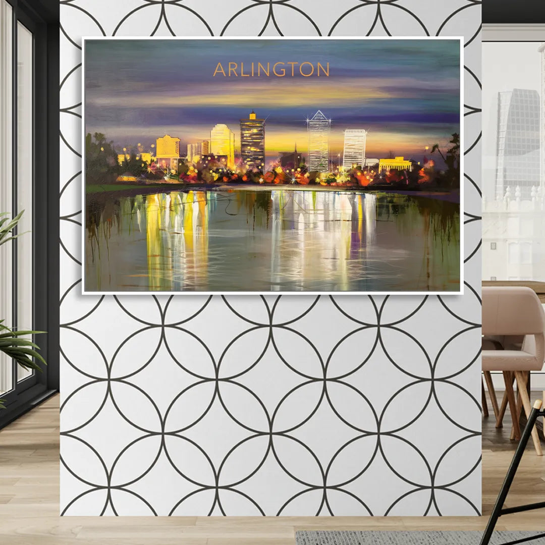 Arlington Cityscape Reflection Living Room - White Canvas Wall Art