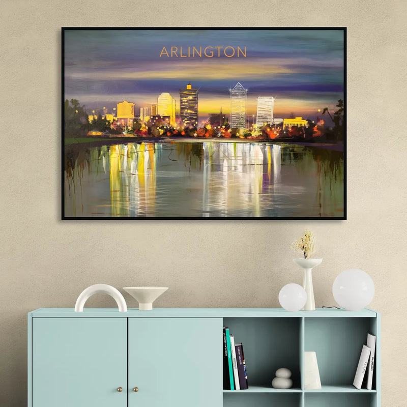 Arlington Cityscape Reflection Living Room - Black Canvas Wall Art