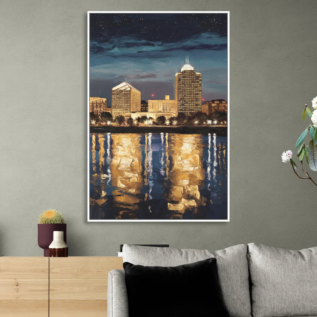 Arlington Night Lights Living Room - White Canvas Wall Art