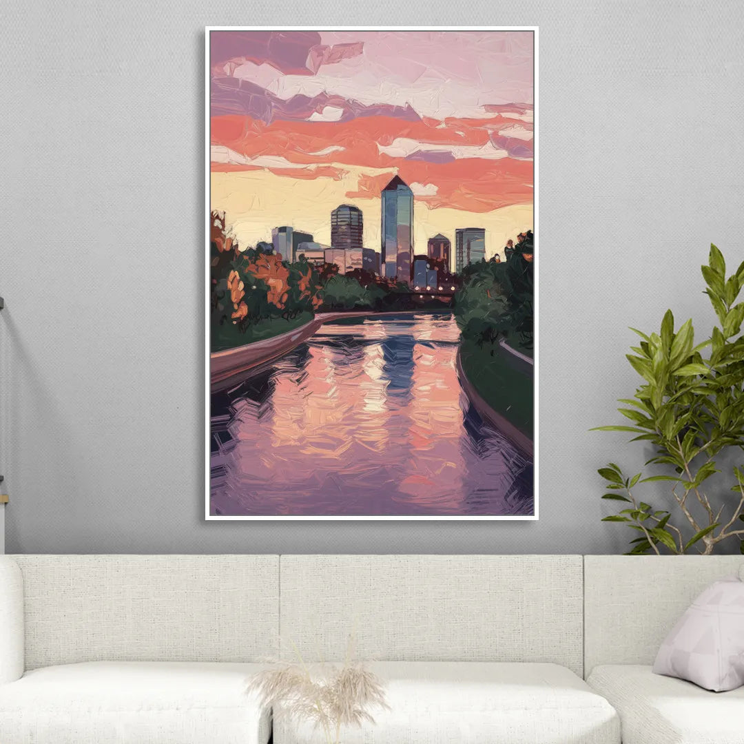 Arlington Skyline Sunset Living Room - White Canvas Wall Art