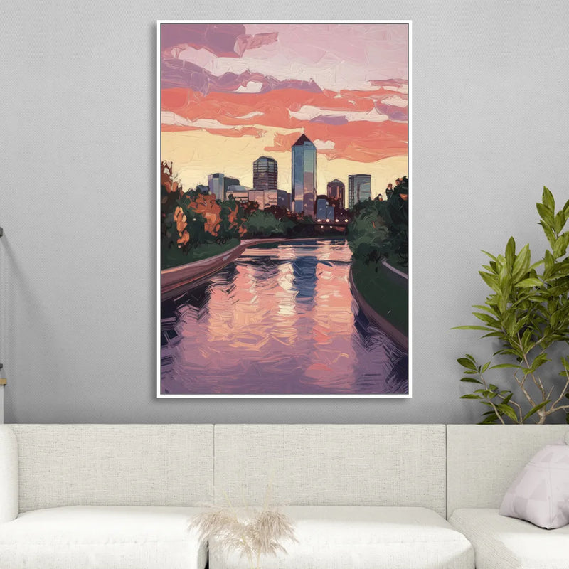 Arlington Skyline Sunset Living Room - White Canvas Wall Art
