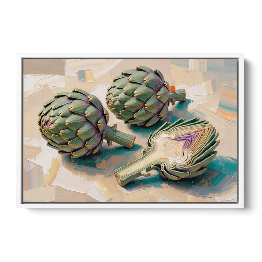 Artichoke Painting with Sliced Heart - White Framed Canvas Wall Art - Front
