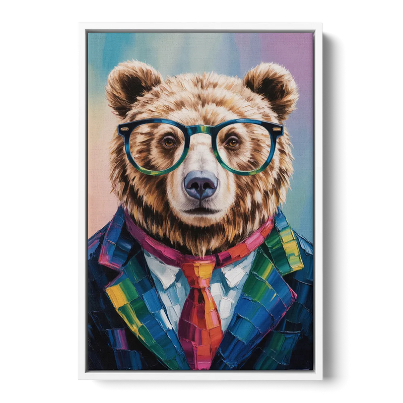Artistic Bear with Glasses Front - White Canvas Wall Art