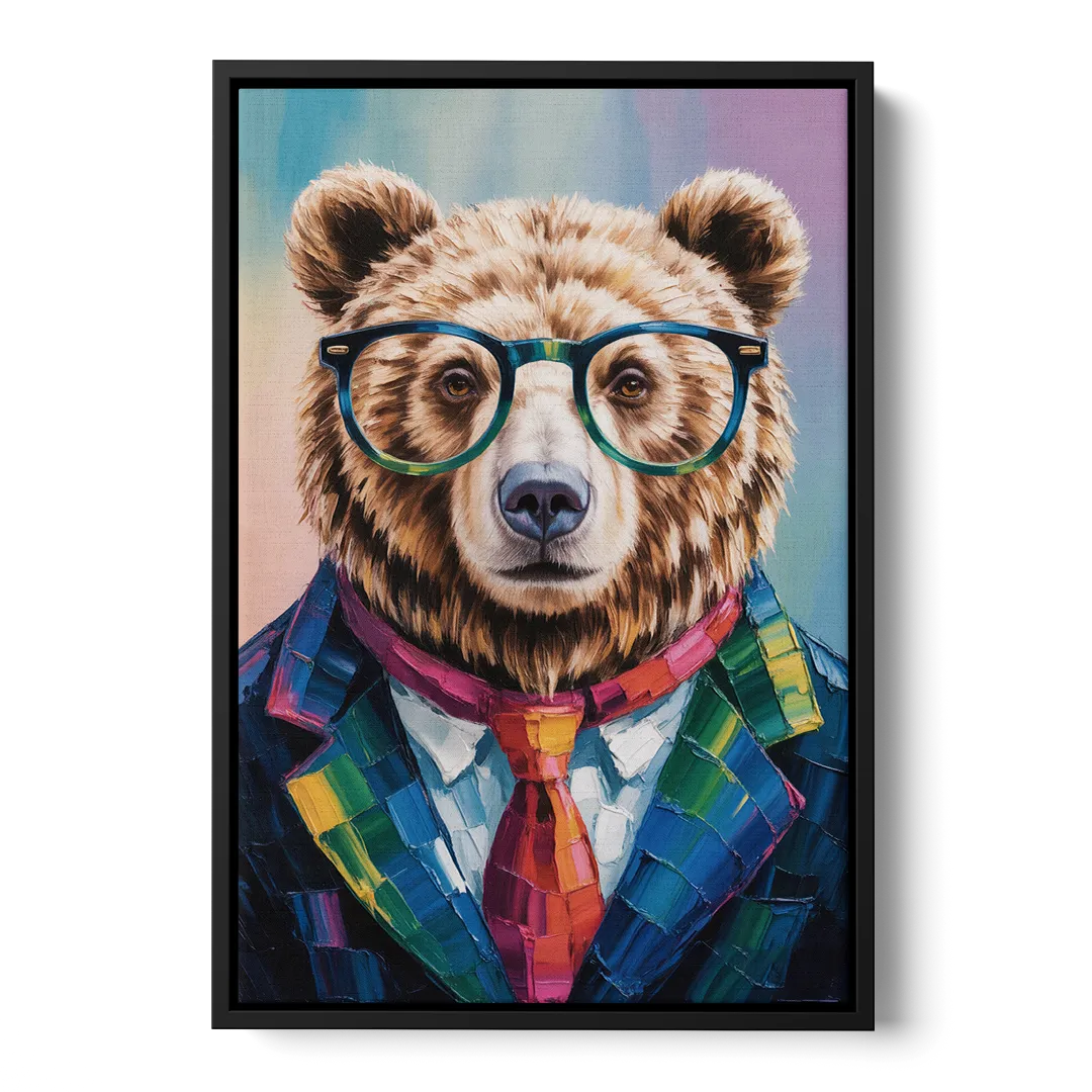Artistic Bear with Glasses Front - Black Canvas Wall Art