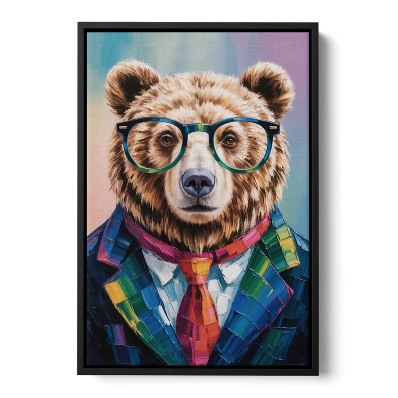 Artistic Bear with Glasses Front - Black Canvas Wall Art