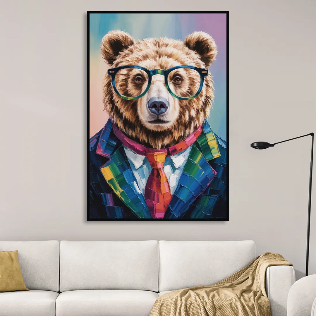 Artistic Bear with Glasses Sitting Room - Black Canvas Wall Art