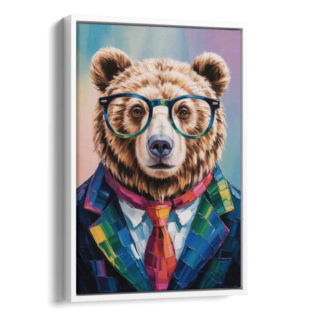 Artistic Bear with Glasses Side - White Canvas Wall Art