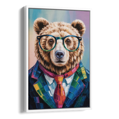 Artistic Bear with Glasses Side - White Canvas Wall Art